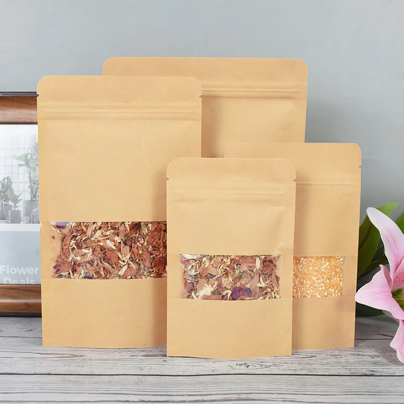 

10pcs Kraft Paper Zipper Lock Window Bag Brown Re-sealable Stand-up Pouch Birthday Party Kids Favors Cookies Packaging Supplies