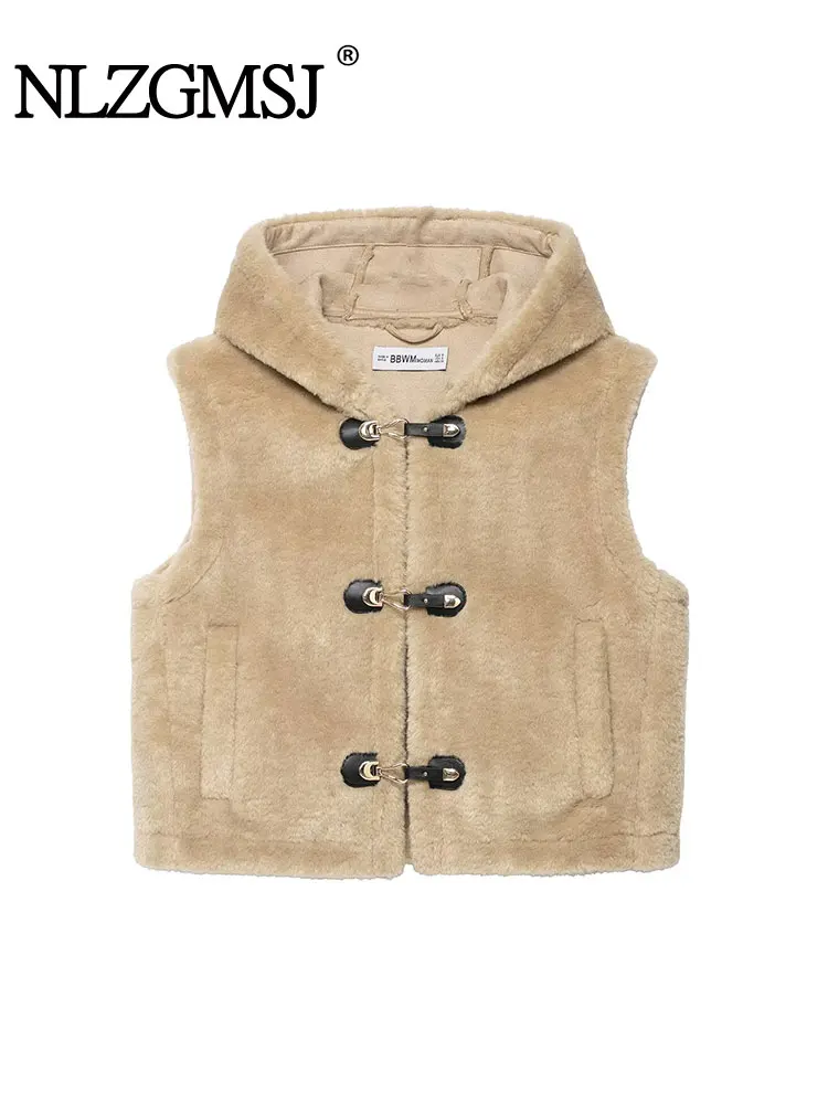 

NLZGMSJ 2025 женский жилет, модный жилет с пряжкой и веревкой, пальто, женский повседневный свободный уличный жилет с капюшоном, верхняя одежда ﻿