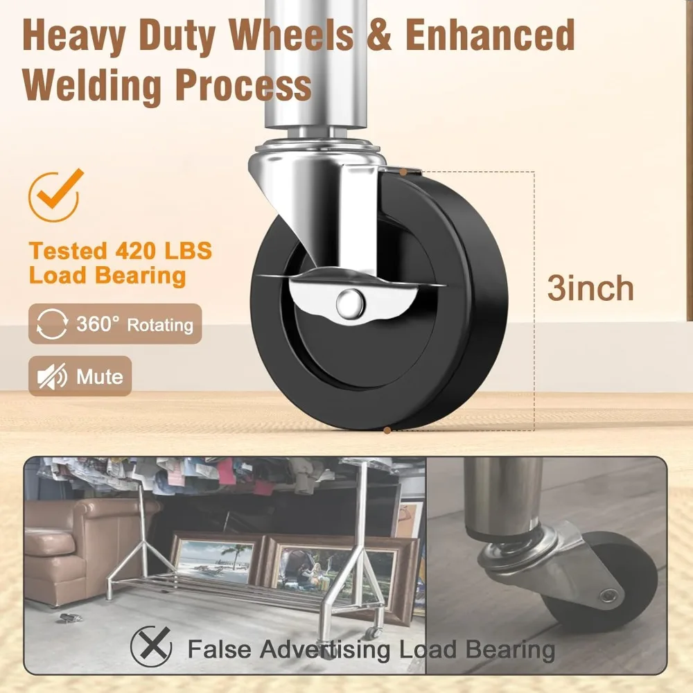 Heavy Duty Rolling Clothes Rack with Lockable Wheels, Supports 420 LBS, Includes Shelves for Sturdy Storage (Silver)