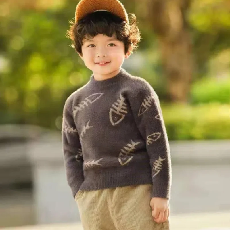 

Children's Sweater with Plush and Thickened Mink Fur Baby Boy's New Autumn and Winter Half High Collar Base Sweater