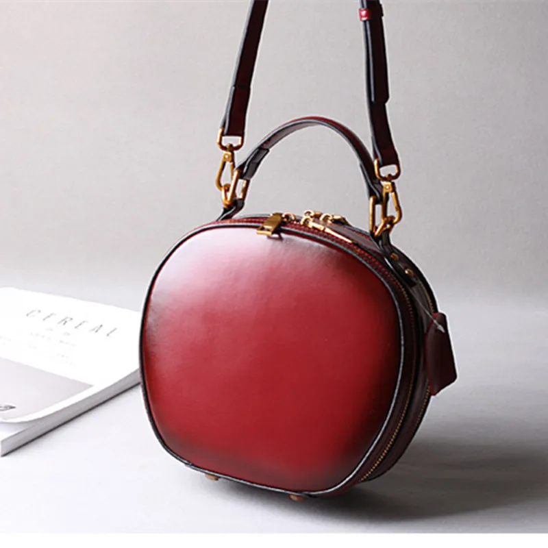 Cowhide bag 2025 new leather female retro apple bag single shoulder crossbody portable fashion small round bags