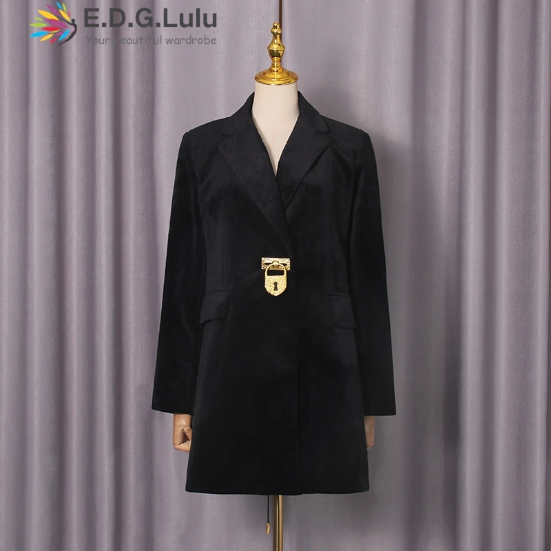 EDGLuLu ターンダウン襟メタルボタンブラックコート女性オフィスレディ長袖黒スリムフィットブレザーコート 1111
