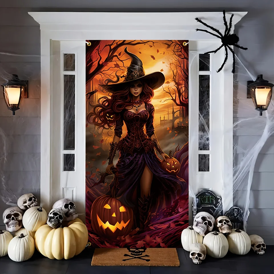 VIKAMA Halloween Witch Door Cover Decoration Tapestry Pumpkin