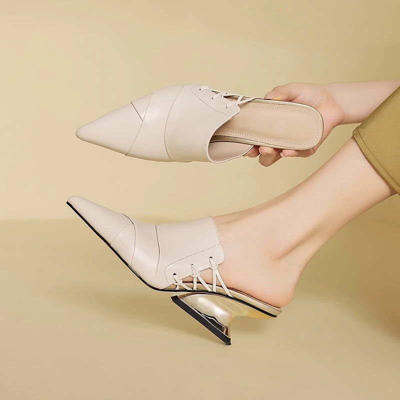 

2026 summer women sandals natural leather 22-25cm cowhide+sheepskin pleated pointed toe mules high heel women slippers fashion