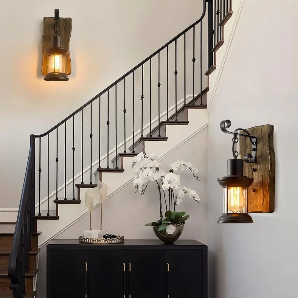 JOYINLED E27 E26 220V Antique Retro Vintage Industrial Wood Wall Lamp with Exquisite Appearance Warm Light for Bar Café NO Bulb
