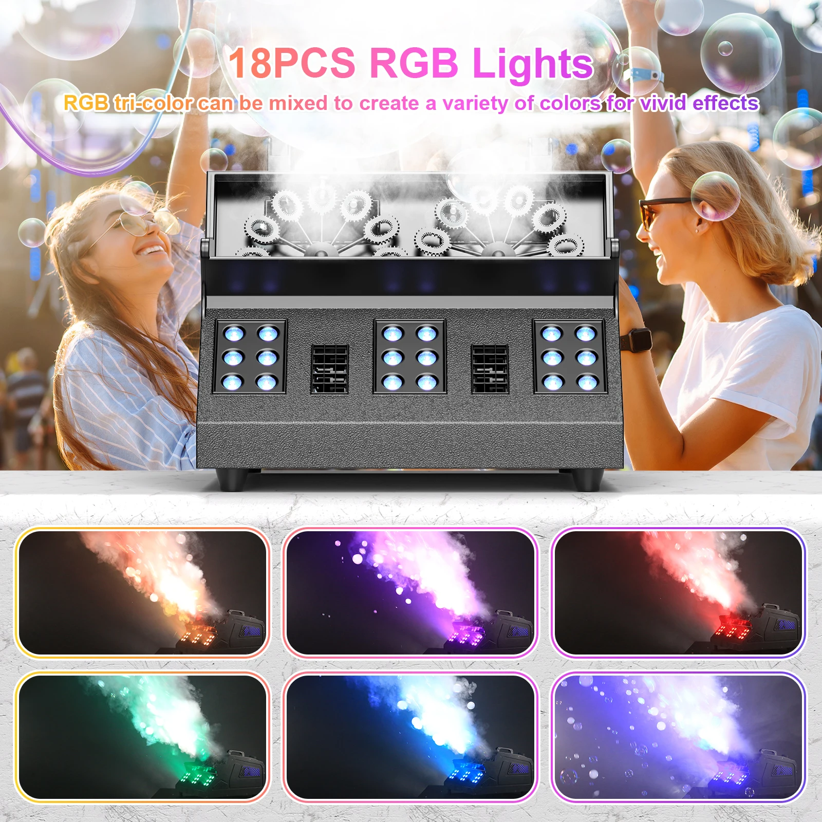 Maszyna do dymu i baniek U`King 1500W LED RGB z pilotem, idealna na imprezy DJ, Halloween, wesela, wytwornica mgły i baniek.