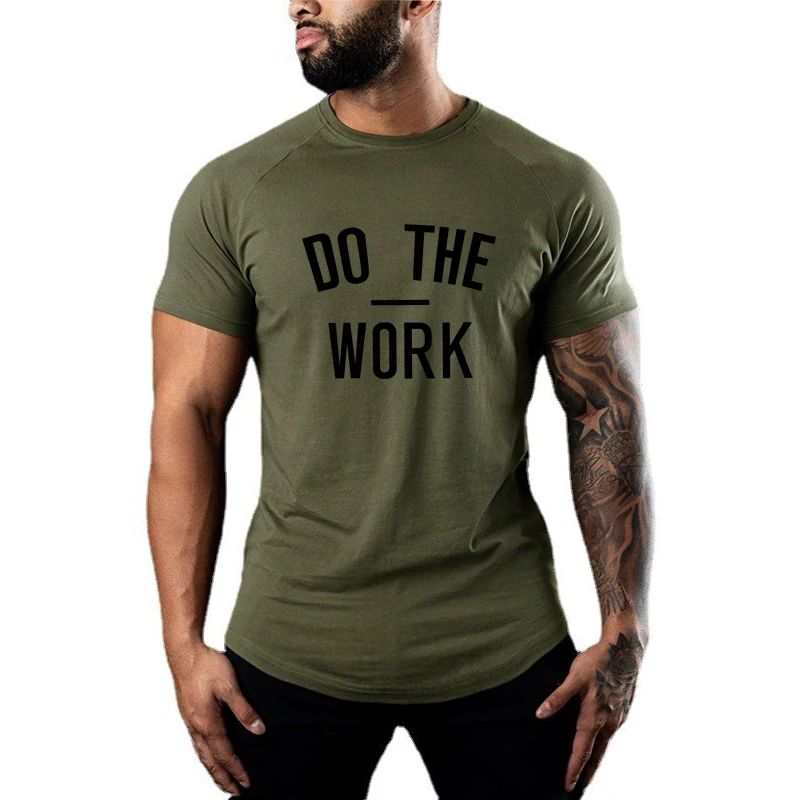 New Summer DO THE WORK Running T-shirt Gym Training Tops Tees Elastic Cotton Short Sleeve Sports T Shirts Men Sportswear