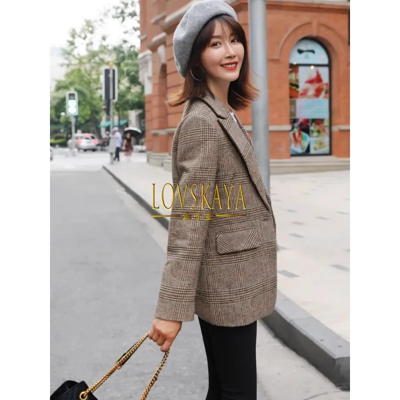 Leisure new Qianniao plaid women's woolen small suit jacket Korean version short woolen suit