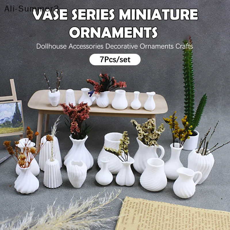 7 Teile/satz Puppenhaus Weiß Kunst Vase Modell Ornament Puppe Hause Blume Anordnung Dekor Puppen Haus Miniatur Szene Handwerk Ornamente