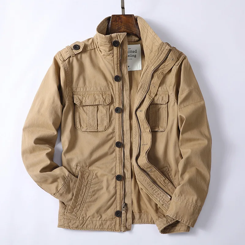 New Arrival Denim Retro Cargo Jacket For Men Outdoor Multi Pockets Camo Casual Fashion Hiking Coats Uniform Stand-up collar Coat