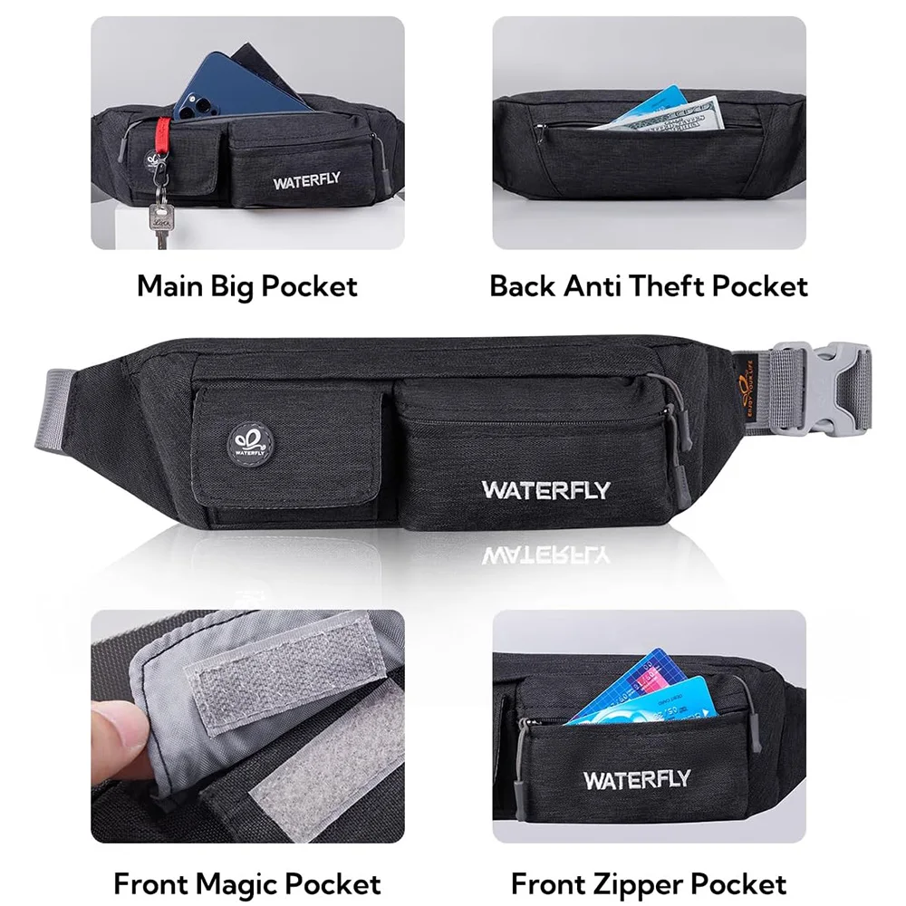 WATERFLY Fanny Pack For Women Men Small Waist Pouch Slim Belt Bag with 4 Pockets For Walking Lightweight Crossbody Chest Bag