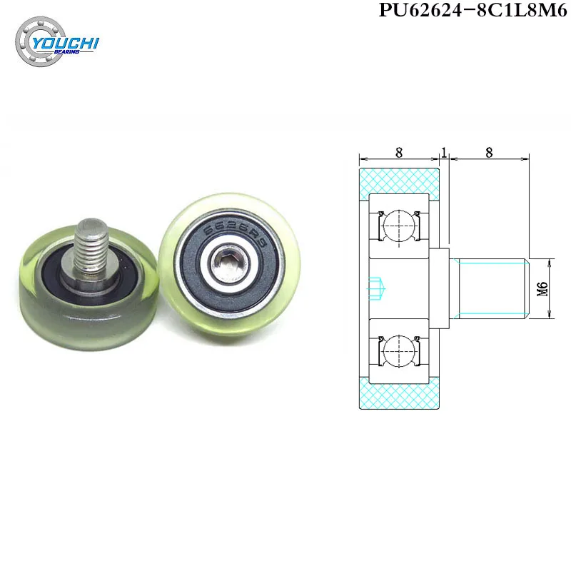 

2pcs OD 24mm PU Bolt Rollers With 626RS Bearing PU62624-8C1L8M6 Soft Rubber Wheels With M6 Screw Furniture Mute Pulleys