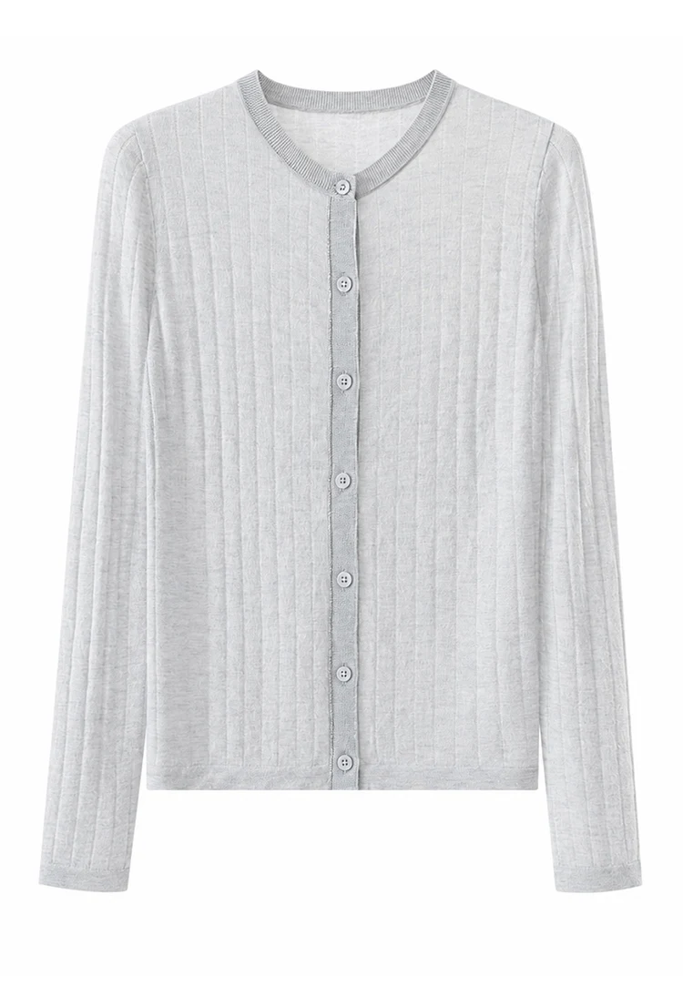 BL3621777 Damen-Cardigan mit Rundhalsausschnitt aus Wollmischung, Langarm, schmale Passform, Kontrastbesatz, Muschelknöpfe, Schulterkette, Frühherbst – Detail 16