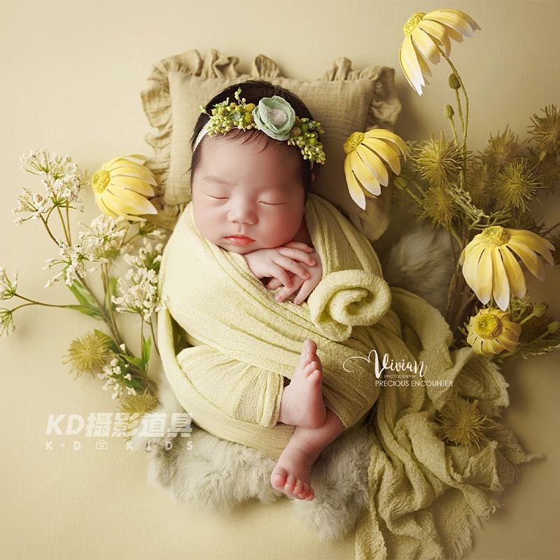 Newborn Photography Props Set, Spring Theme Soft Stretch Wrap Cloth + Flower Headband, Baby Photo Shoot Outfit for 0-1 Months