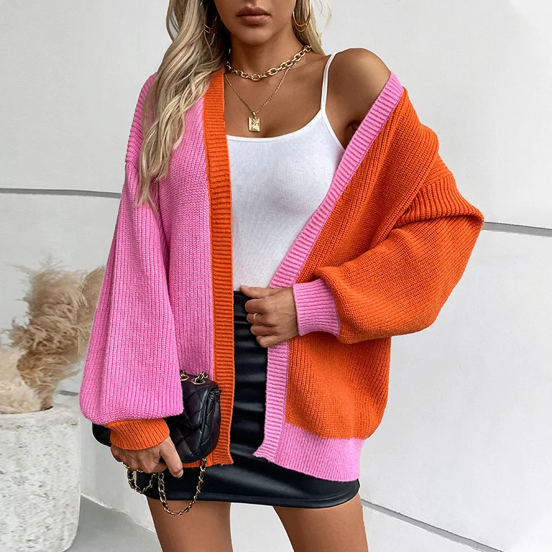 Color Block Sweater Women New Casual Loose Long Sleeve Knitted Cardigan Jacket