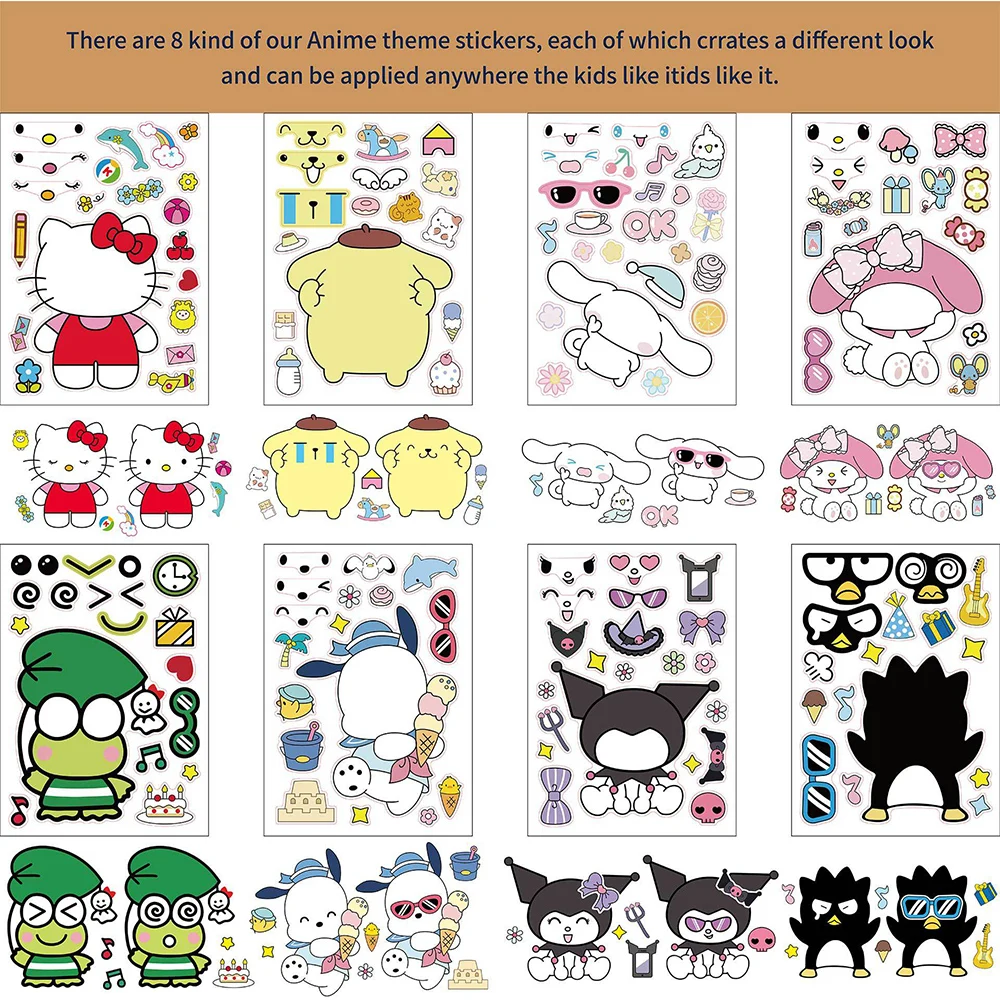 

8/16sheets Kawaii Sanrio Kuromi Puzzle Stickers Make a Face Cinnamoroll Decal Diary Scrapbooking Laptop Sticker for Kids Girls