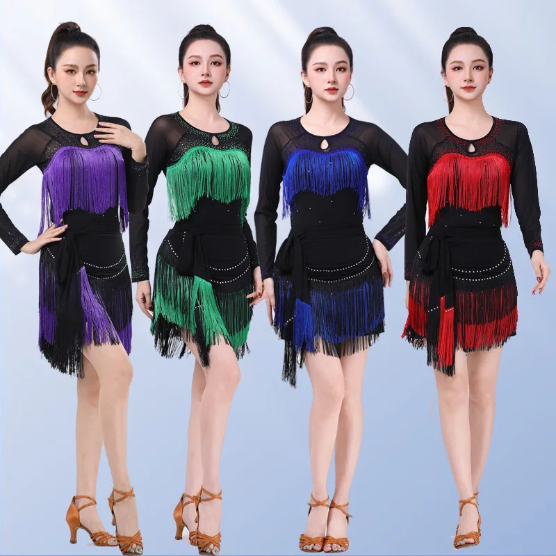 

Latin Dance Clothes, New Fringed Hot Diamond Tops, Long-sleeved High-end Performance Clothes.