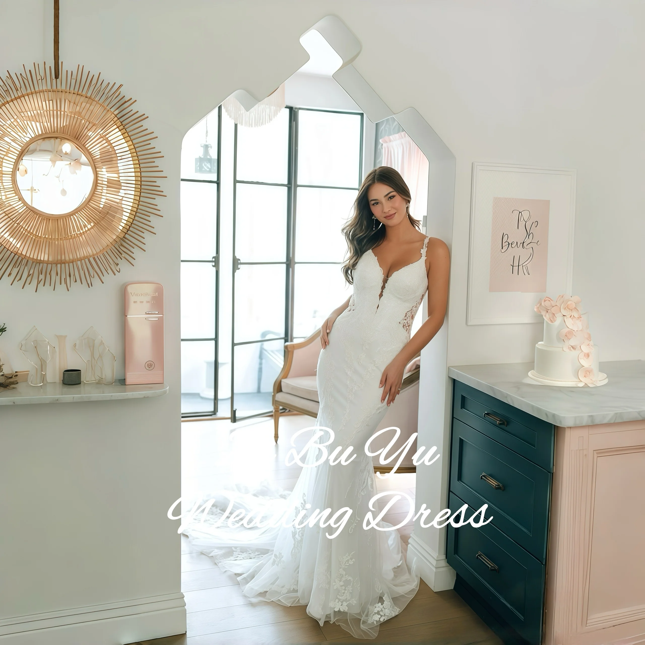 

ZIBUYU Customized Romantic Wedding Dress Spaghetti Strap V-Neck Lace Applique Sleeveless Sheer Back Mermaid Train Bridal Gowns