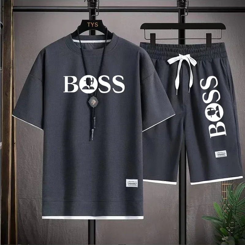 

2025 Men's casual short-sleeved T-shirt + jogging basketball shorts 2-piece summer outdoor fashion fitness breathable suit