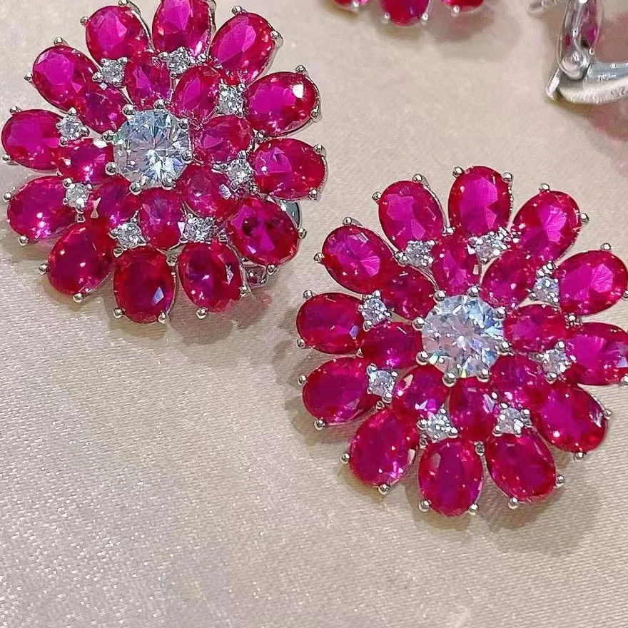 KQDANCE New 925 Sterling Silver Rose Red High Carbon Diamonds Gemstone Flower Earrings Women Party Luxury Fine Jewelry Wholesale
