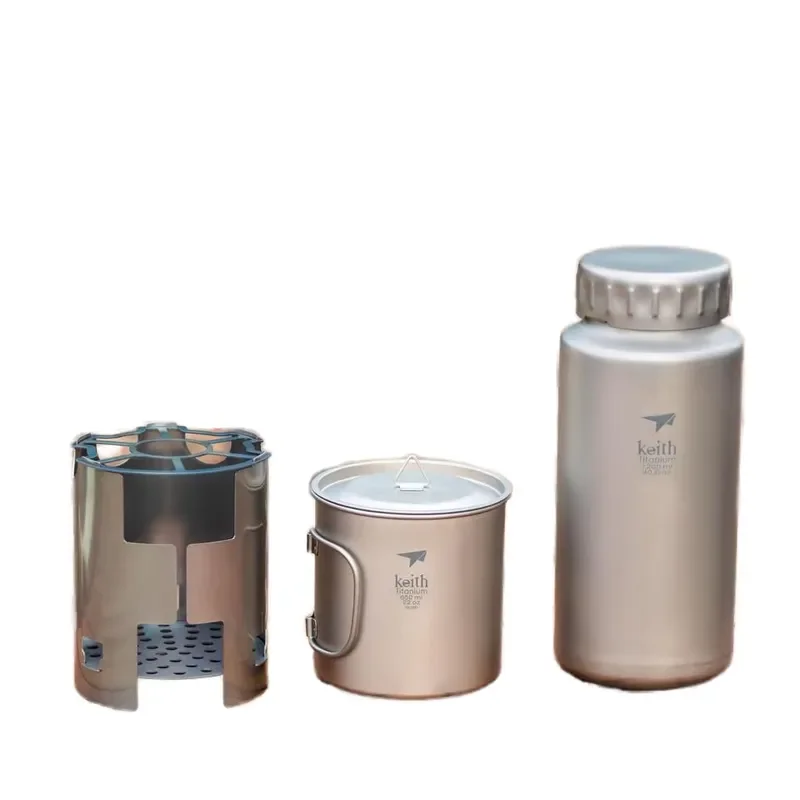 

Keith Titanium Nesting Camp Set for Ultralight Portable Plastic-Free Titanium Bottle Mug and Wood Stove with Canvas Carry Bag