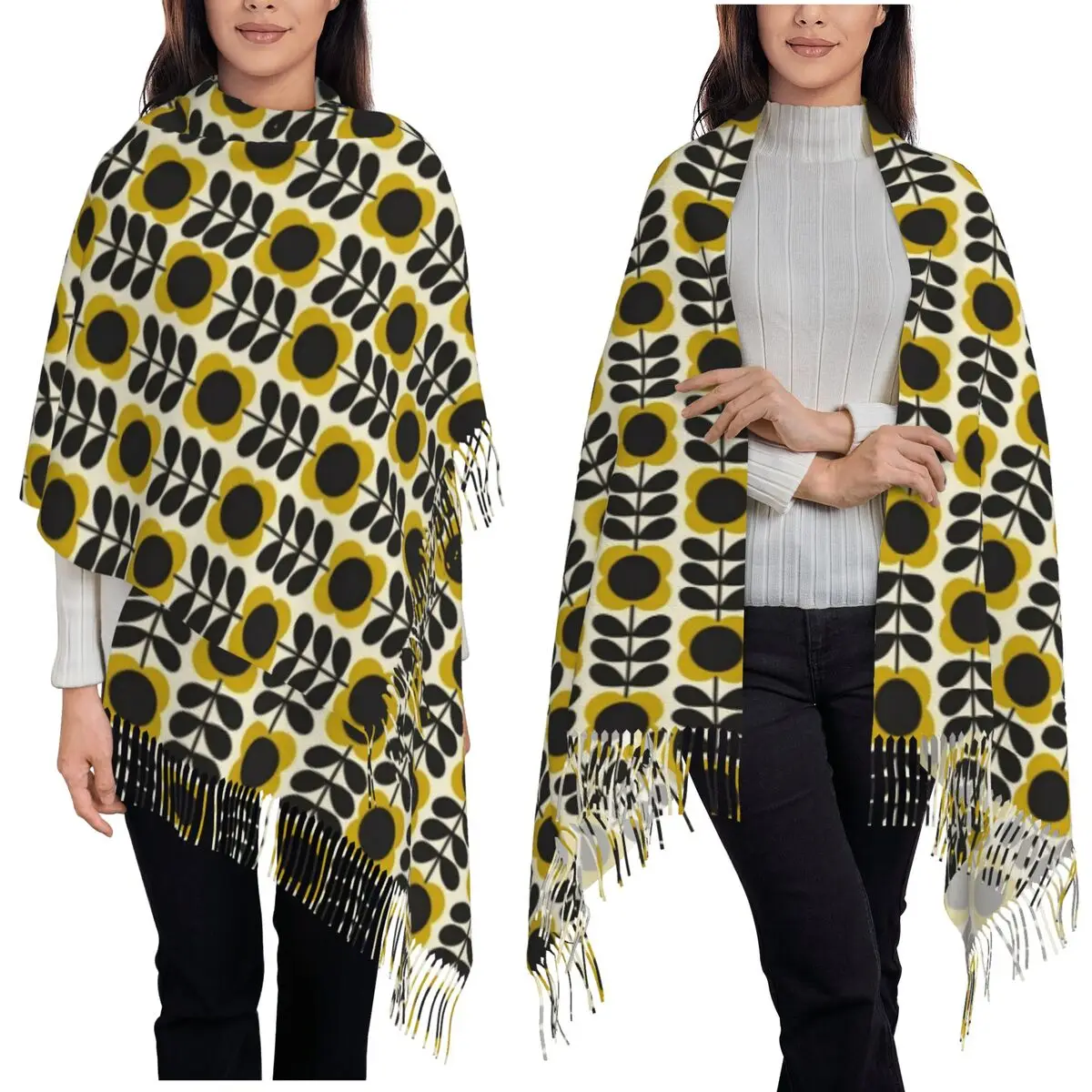 Oval Flower Stem Olive Orla Kiely Scarf Tassel Scarves Women Soft Warm Shawls and Wraps Long Fall Winter Shawl Wrap