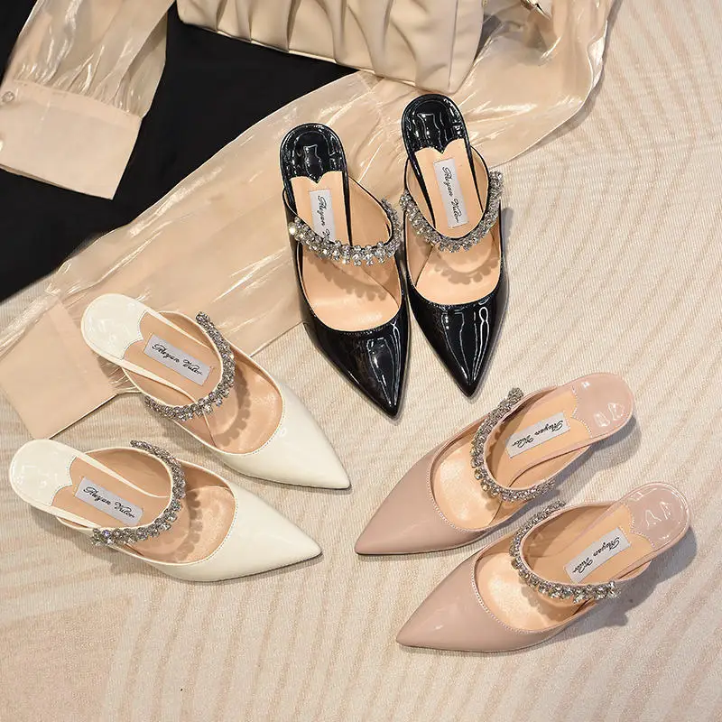 

Crystal Strap Slip on Women Shoes Pointed Toe Slippers Summer Slingback Sandals Solid Color Fashion Zapatos Mujer