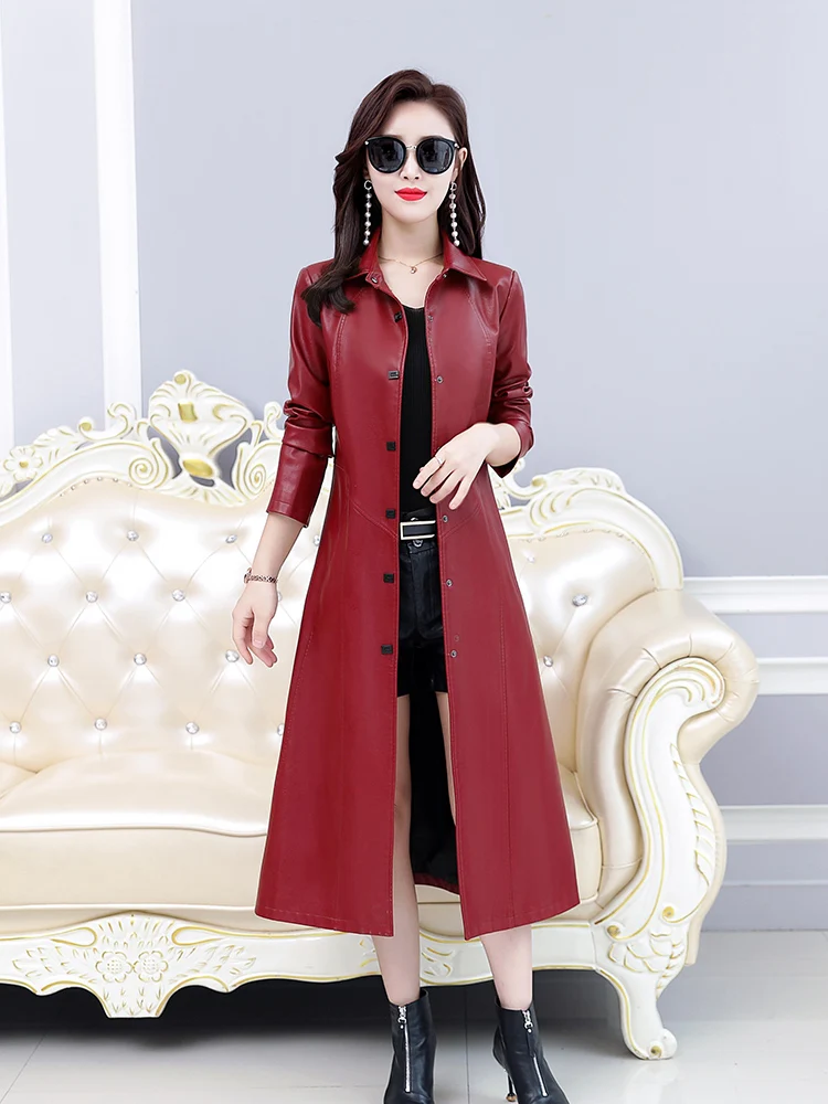 

Autumn Winter Women's eepskin Coat Medium Length Slim Fit over Knee Faionable Genuine Leather Windbreaker Commute Sle