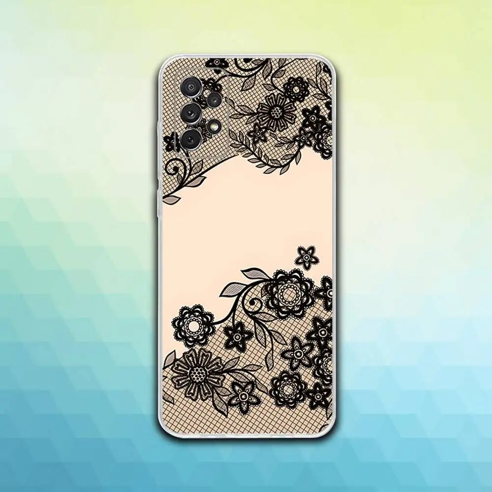 حافظة هاتف مطبوعة بالدانتيل الأسود لهاتف سامسونج S30,23,21,22,20, FE lite,S10,9,8,7 PIus Note20 Ultra Soft Transparent