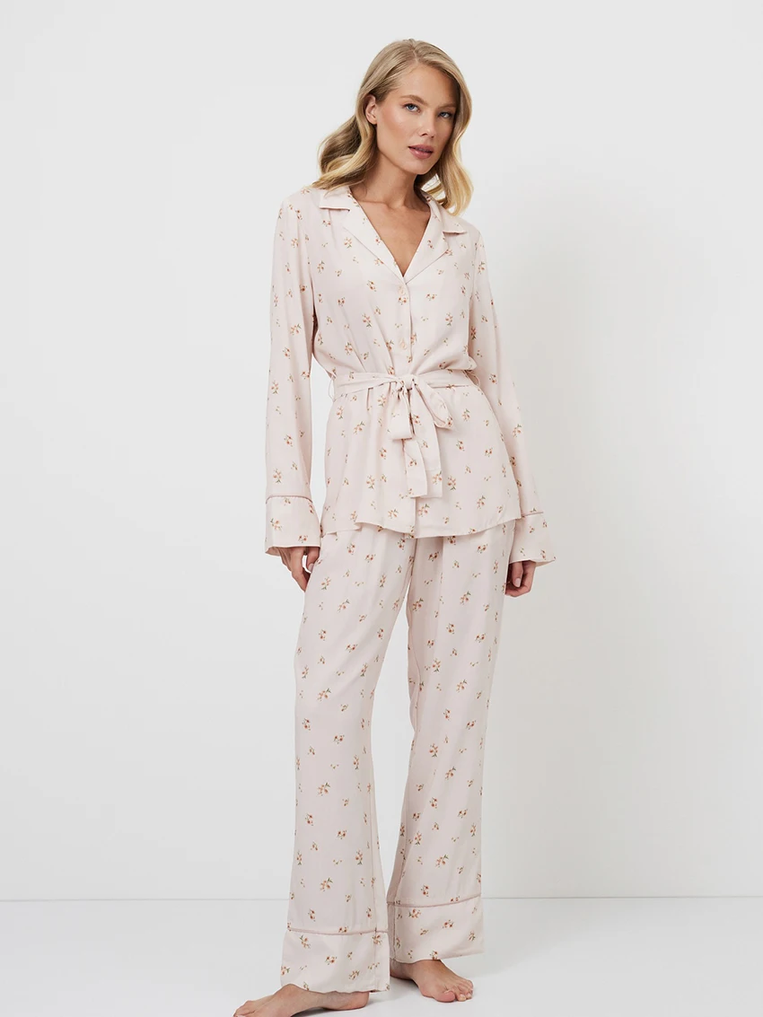 

Marthaqiqi Printing Ladies Pajamas Set Lace Up Nightie Long Sleeve Nightgowns Turn-Down Collar Robe Pants Winter Nightwear Suits