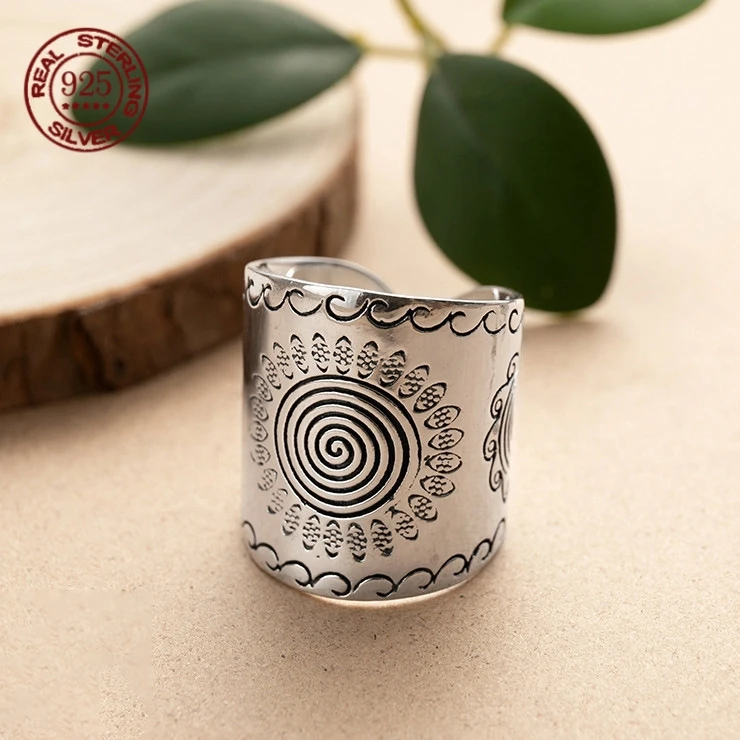

Carven Design Ethnic Style Wide Ring S925 Sterling Silver Craft Vintage Sunflower Mens Rings Domineering Banquet Jewelry Gift