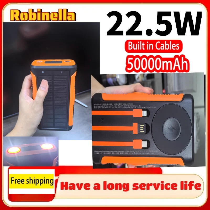 

Солнечный Power Bank 50000 мАч 22.5 Вт с магнитной беспроводной зарядкой, внешний аккумулятор для кемпинга с кабелями, для iPhone Magsafe