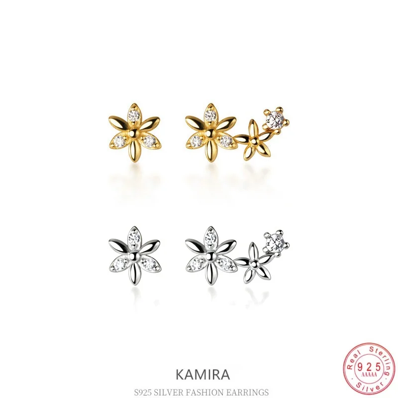 KAMIRA 925 Sterling Silver Double Flower Zircon Stud Earrings For Women Tiny Sweet Floral Ear Studs Fine Jewelry Daily Wear Gift