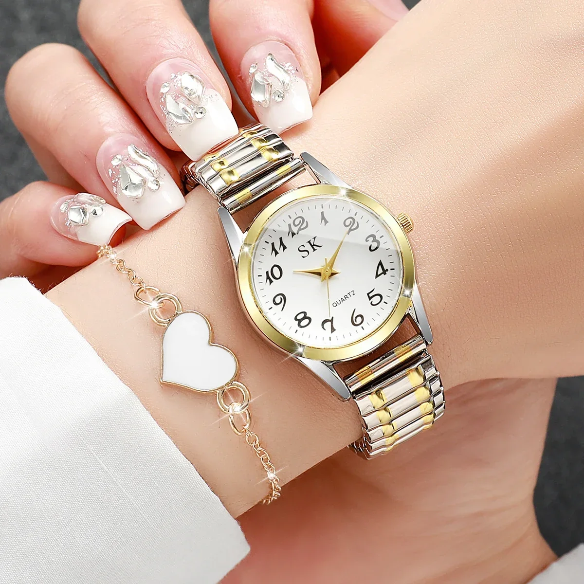 2PCS/Set Fashion Arabic Dial Women Watches Elastic Band Ladies Quartz Wristwatches Heart Bracelet Set Reloj Mujer（Without Box）
