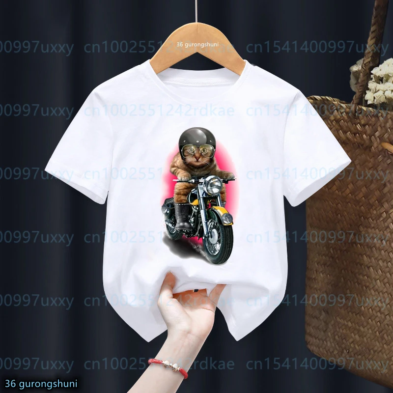 T-Shirt For Boys/Girls Funny Kittens Ride Motorcycles, Music, Ride Bicycles Cartoon Print Children Tshirt Cute Kids Summer shirt