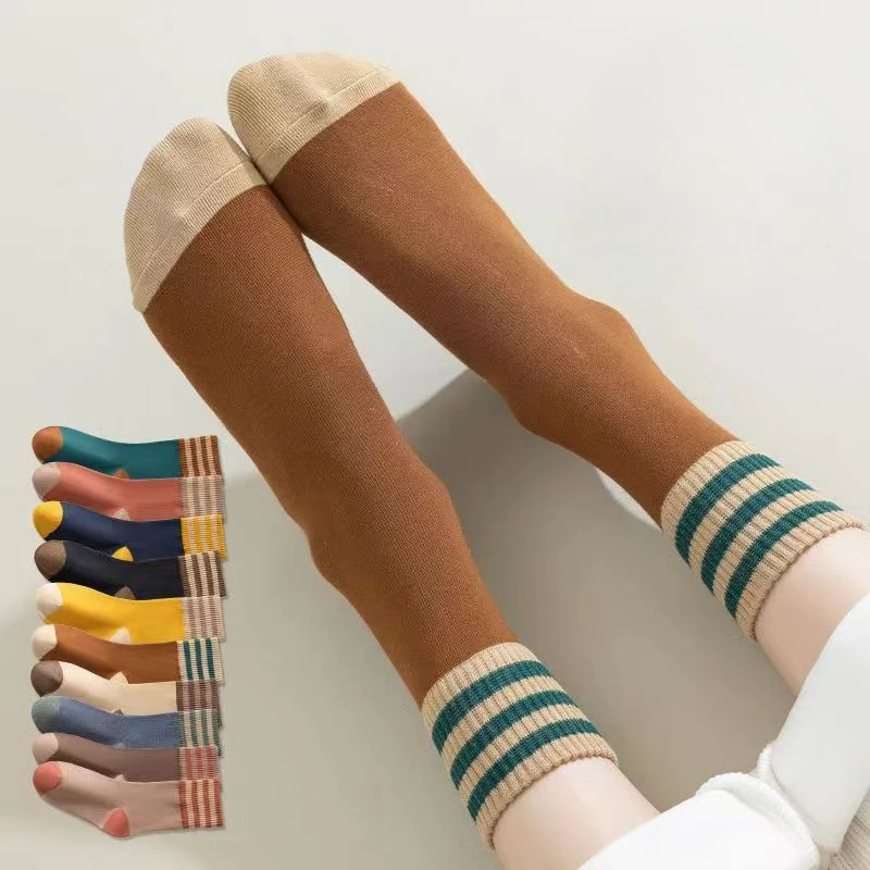 10 Pairs Women's Autumn and Winter Thermal Thick Woolen School Socks Warm Stripes Thick Socks for Women Fashion Long Socks Set