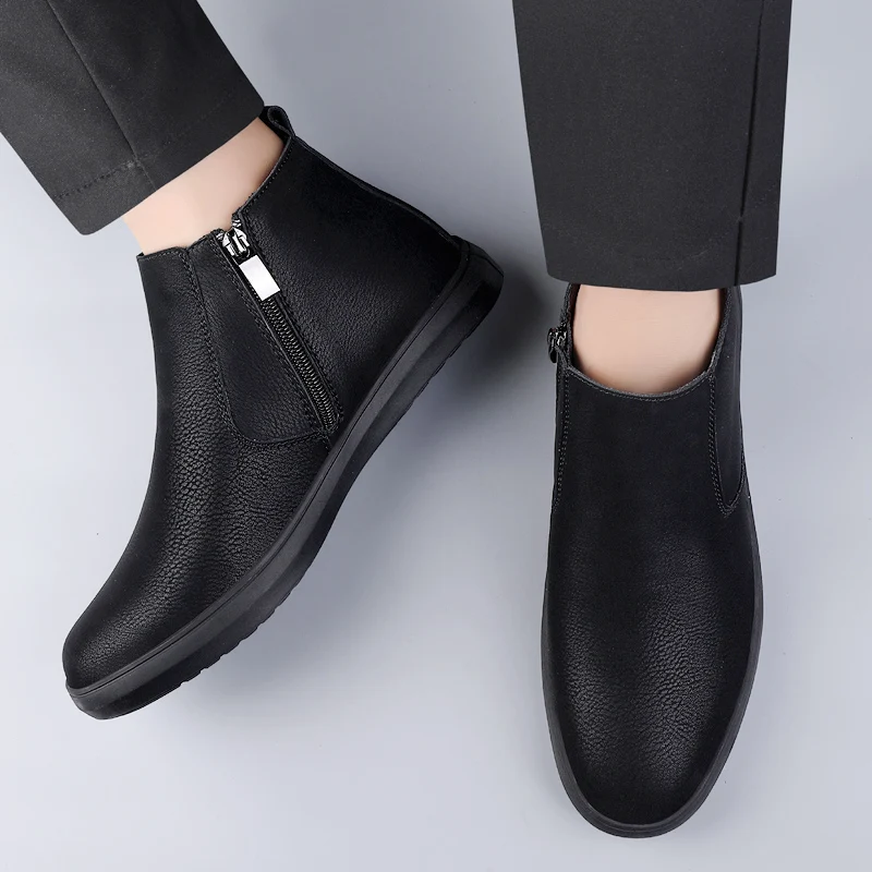 Winter New Velvet Chelsea Men's Boots Luxury Brand Business High Top Shoes Comfortable Flats Bottom Soft Quality Leather Boots