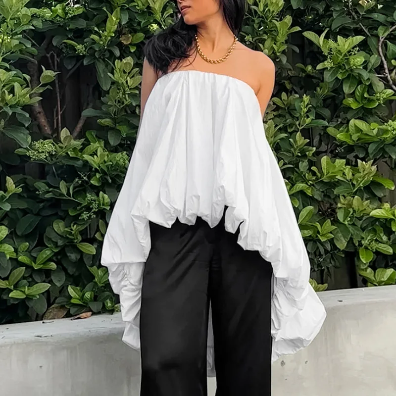 

Women's Blouse 2025 Spring Summer White Sexy Temperament Off Shoulder Strapless Personalized Street Style Asymmetry Shirts