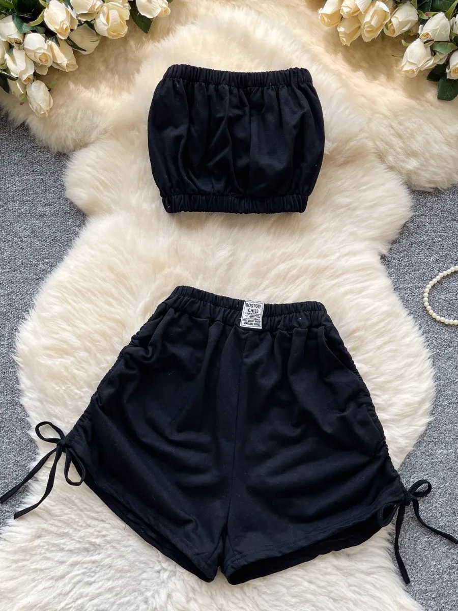 Foamlina Dopamine Pure Desire abgeschnittenes Bandeau-Top für Damen, Sommer, elastische Taille, weites Bein, Kordelzug, Shorts, zierliches zweiteiliges Set