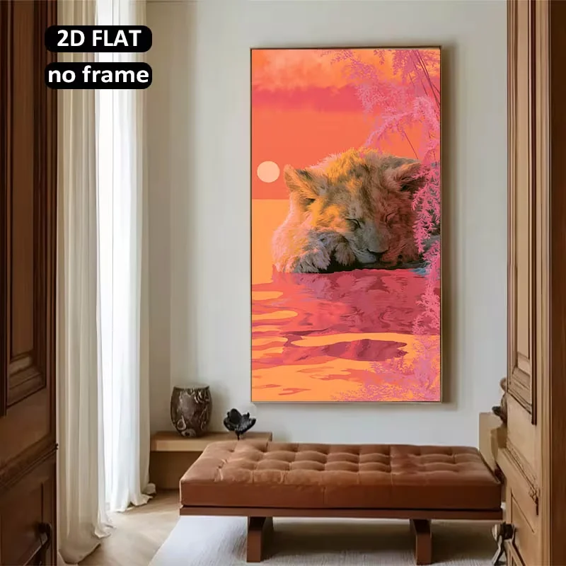 2D Flat, 1pc Large Modern Minimalist Lion Cub Sunset Reflection Canvas Wall - Jumbo Lion Suitable for,, Housewarming Gift, Unfra