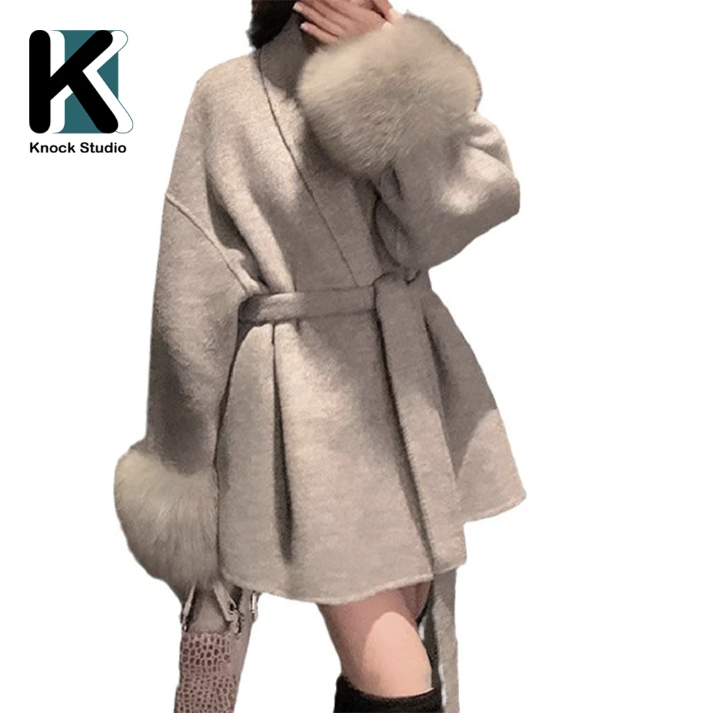 Knock Winter New Loose Fit Lazy Style Chic Fashion V-neck Blend Coat for Women Wide Sleeves Outwear Stripes Female Wool Coat