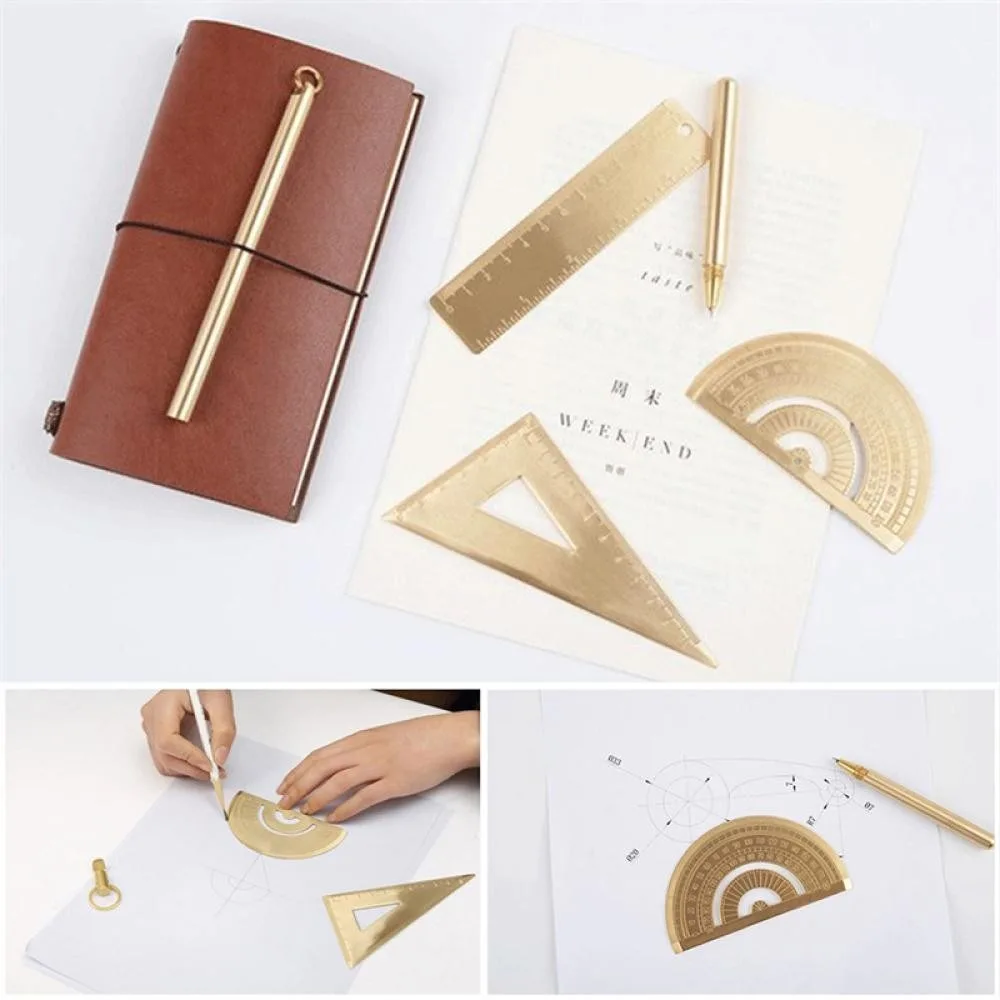 Vintage Brass Straight Ruler Metal Triangle Ruler Protractor 12/15cm Measuring Tool Students Creative Stationery School Supplies