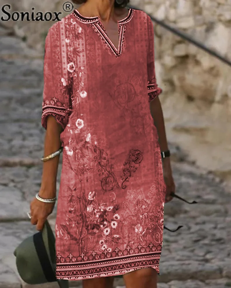 Ethnic Retro Summer Printed Boho Knee Length Dress Women Casual V Neck Dress Spring Half Sleeve 2025 Ladies Elegant Vestidos
