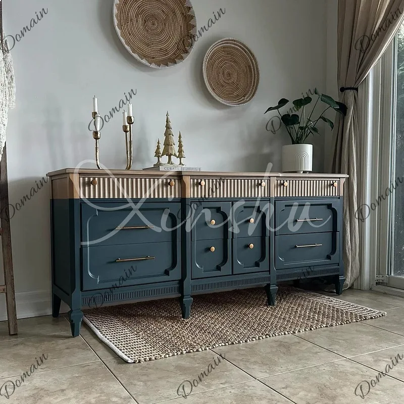 French Solid Wood Color Contrast TV Cabinet, Vintage Blue Floor Storage for Small Living Room