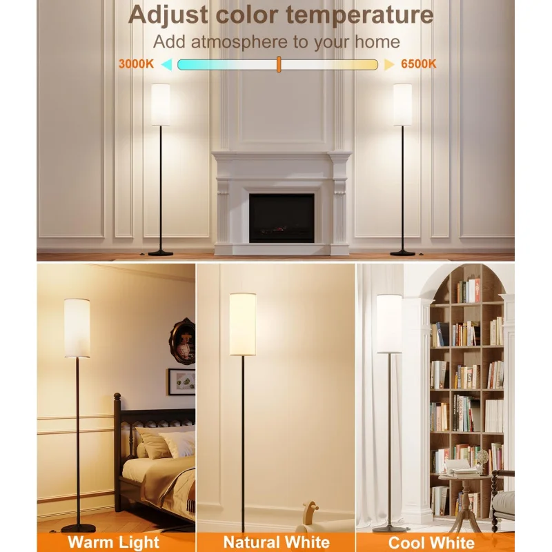 Dimmable Floor Standing Tall Lamp, 12W Led Bulb with Lampshade, Foot Switch, Remote Custom Color Temperature Pole for Bedroom