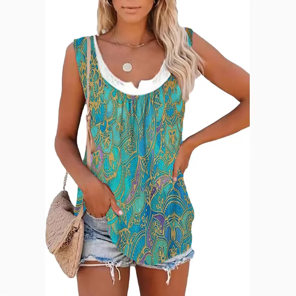 2026 Summer New Arrival Women's Two-Piece Look Sleeveless Tank Top Leaf Print Loose Casual Camisole with Pockets image 6