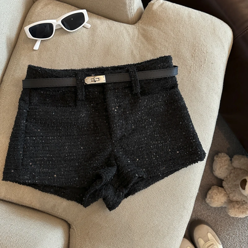 المرأة الخريف الشتاء الصوف والمزيج مطرزة واسعة الساق السراويل سيدة أنيقة بلون عالية الخصر فضفاضة السراويل القصيرة #4