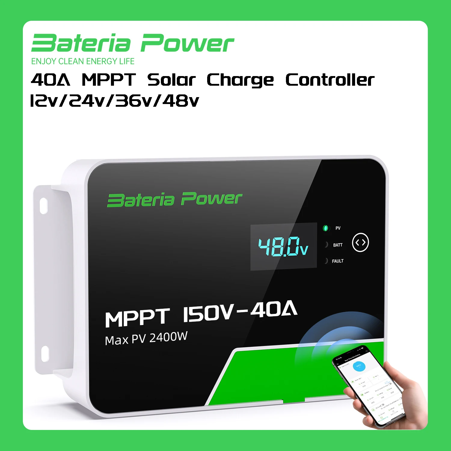 

40A MPPT Solar Charge Controller 48V/36V/24V/12V, Bateria Power Max PV 2400W 150Voc Built-in BT Module with Remote APP Control .