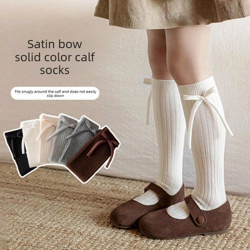 Toddler Girls Satin Bow Calf Socks Solid Color Non-Slip for Daily Wear School Dance Party Photo Shoot Cute No-Slip down Socks