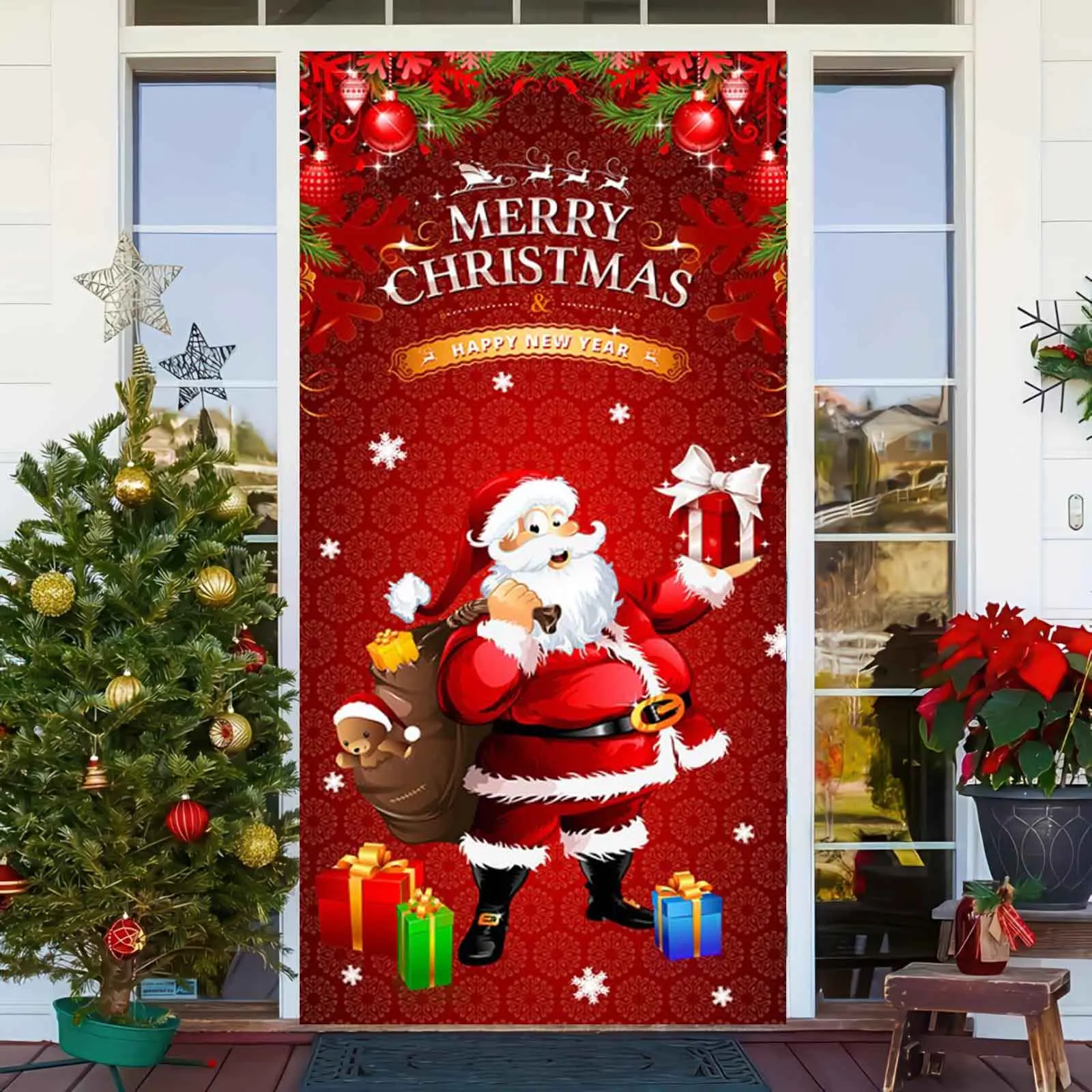 New Year Christmas Background Decoration Hanging Cloth Christmas Door Background Cloth Party Decoration Tapestry Door Cover 2024